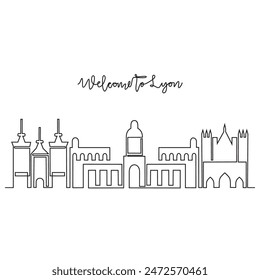 One continuous line drawing of Lyon skyline vector illustration. Modern city in Europe in simple linear style vector design concept. One of big city in France. Iconic architectural building design.
