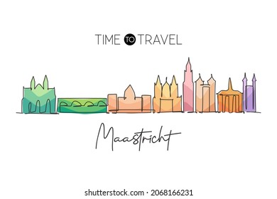 One continuous line drawing of Maastricht city skyline, Netherlands. Beautiful skyscraper postcard. World landscape tourism travel wall decor poster print. Single line draw design vector illustration