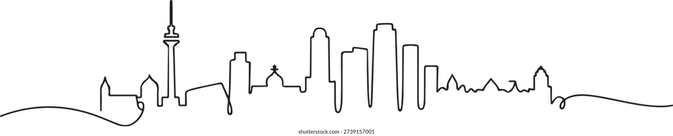 One continuous line drawing of Madrid city skyline, Spain. Beautiful skyscraper. World landscape tourism travel vacation wall decor poster concept. one line Icon drawing
