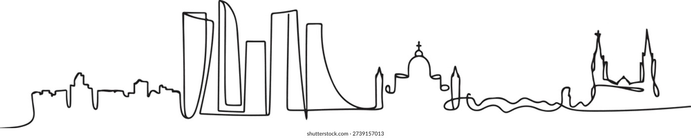 One continuous line drawing of Madrid city skyline, Spain. Beautiful skyscraper. World landscape tourism travel vacation wall decor poster concept. one line Icon drawing
