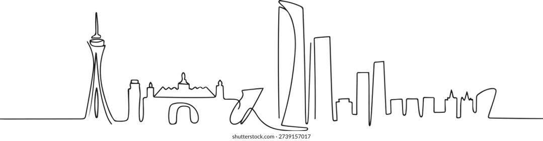 One continuous line drawing of Madrid city skyline, Spain. Beautiful skyscraper. World landscape tourism travel vacation wall decor poster concept. one line Icon drawing
