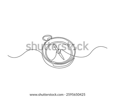 One continuous line drawing of Magnetic compass navigation illustration. Magnetic compass monoline design. Adventure concept.