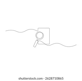 Um desenho de linha contínua de lupa e notebook, conceito de análise de negócios crescente, desenho de linha contínua com lupa.conceito de negócios crescente