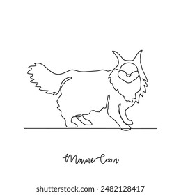 One continuous line drawing of Maine Coon vector illustration. Type of Cat themes design concept with simple linear style vector. Cats are domesticated mammals, loyalty and companionship to humans.