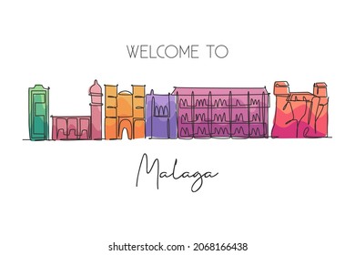 One continuous line drawing Malaga city skyline, Spain. Beautiful skyscraper. World landscape tourism travel vacation wall decor poster art concept. Stylish single line draw design vector illustration