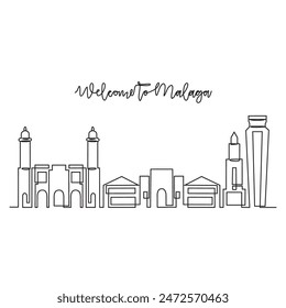 One continuous line drawing of Malaga skyline vector illustration. Modern city in Europe in simple linear style vector design concept. One of big city in Spain. Iconic architectural building design.