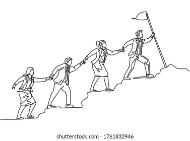One continuous line drawing of male and female team member stick together follow their leader who holds flag to reach the top of the hill. Teamwork concept single line draw design vector illustration