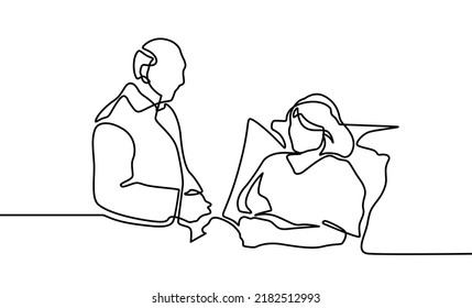 One continuous line drawing of male doctor talking  to the laying female patient in the bed. Trendy hospital health care service concept single line draw design vector illustration.