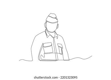 One continuous line drawing of male veteran in uniform with beret. Veterans day concept. Single line draw design vector graphic illustration.