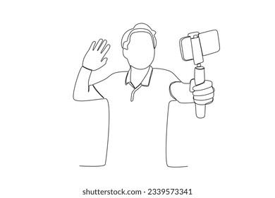 One continuous line drawing of a male vlogger who uses a mobile phone and a selfie stick greets his followers
