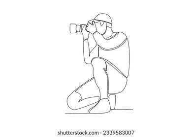 One continuous line drawing of a male photographer taking photos from the left side by squatting
