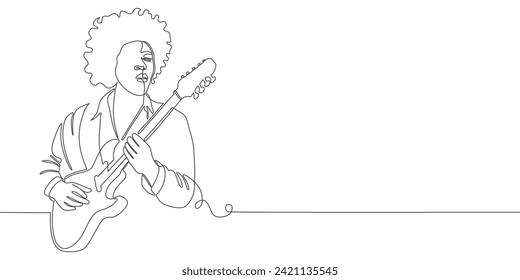 One continuous line drawing of male guitarist standing and playing guitar. Rock n roll musician artist performance concept single line draw design vector illustration