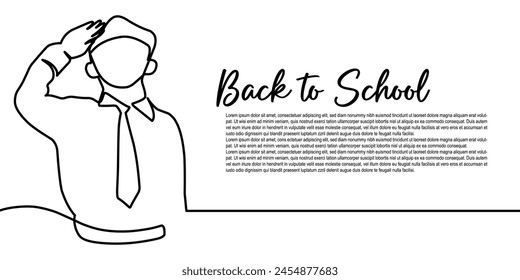 Eine durchgehende Linienzeichnung, bei der ein männlicher Schüler respektvoll steht. Zurück zum Schulkonzept. Grafikdarstellung für einzeilige Vektorgrafik des Zeichnungsentwurfs