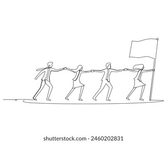 One continuous line drawing of male and female team member stick together and the leader hold flag. bussiness Teamwork. design vector illustration