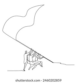One continuous line drawing of male and female team member stick together holds flag to reach the top of the hill. Teamwork. design vector illustration