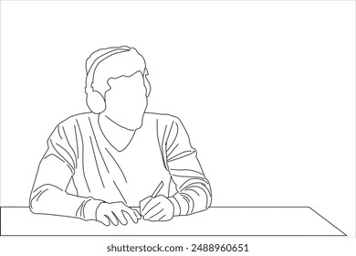 One continuous line drawing of a male student taking notes on the material being explained by the teacher. Back to school concept. Single line drawing design vector graphic illustration.