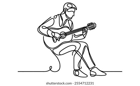 One continuous line drawing of male guitarist playing guitar isolated on white background vector illustration