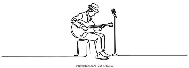 One continuous line drawing of male guitarist playing guitar isolated on white background vector illustration.