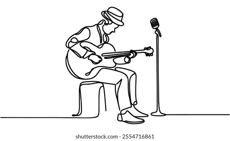 One continuous line drawing of male guitarist playing guitar isolated on white background vector illustration.