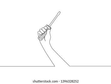 One continuous line drawing of man holding hand screwdriver. Single line draw vector design illustration