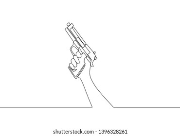 One continuous line drawing of man holding automatic hand gun. Defense weapon concept. Single line draw vector design illustration