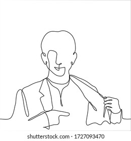 one continuous line of a drawing of a man showing his heart. The guy turned away the collar of his jacket and finger shows where his heart is, he smiles. The concept of an open heart, responsiveness, 