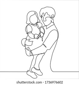 One continuous line drawing of a man holding a little girl in his arms in a dress. Young father with baby posing for a photo. Vector illustration can be used for animation.