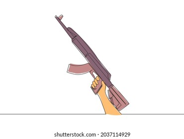 One Continuous Line Drawing Of Man Holding Assault Rifle Automatic Gun. Defense Weapon Concept. Single Line Draw Vector Design Illustration