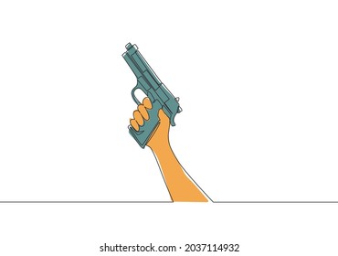 Un dibujo de línea continua de un hombre con arma automática de mano. Concepto de arma de defensa. Ilustración de diseño de vector de tracción de línea única