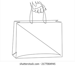 One continuous line drawing man hand holding shopping bag isolated on white background. Shopping in mall and eco friendly concept single line hand draw minimalist design. Vector illustration