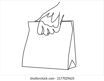 One continuous line drawing man hand holding shopping bags isolated on white background. Shopping in mall and eco friendly concept single line hand draw minimalist design. Vector illustration