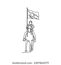 Un dibujo de una línea continua de un hombre con una bandera turca mientras monta un caballo. Turquía patriótica en un estilo simple lineal. Ilustración vectorial del concepto de diseño patriótico de Turquía