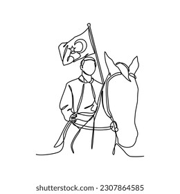 Un dibujo de una línea continua de un hombre con una bandera turca mientras monta un caballo. Turquía patriótica en un estilo simple lineal. Ilustración vectorial del concepto de diseño patriótico de Turquía