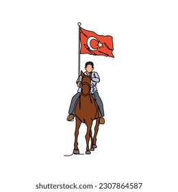 One continuous line drawing of a man holding a Turkish flag while riding a horse. Turkey patriotic in simple linear style. Turkey patriotic design concept vector illustration