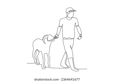 One continuous line drawing of man carrying qurban goat eid al adha concept
