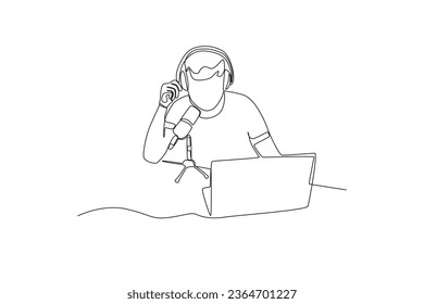 One continuous line drawing of man listening to podcast recording
