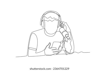 One continuous line drawing of man is viewing a recorded podcast on his mobile phone
