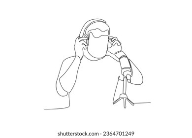 Un dibujo de línea continua de un hombre que se prepara para conectar audífonos para grabar un podcast
