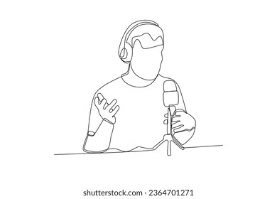 One continuous line drawing of man sharing story by recording podcast
