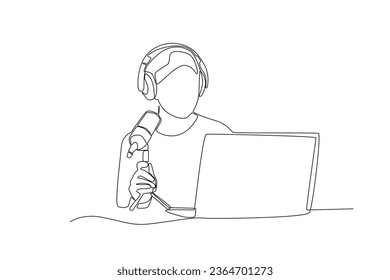 One continuous line drawing of man is preparing to record a podcast
