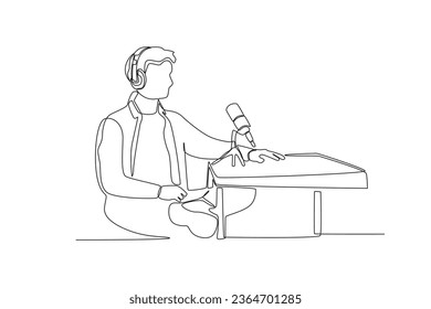 One continuous line drawing of man is listening to the other person while recording podcast
