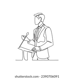 One continuous line drawing of a man is giving a speech in front of an audience vector illustration. Speech illustration simple linear style vector concept. Ceremony speech suitable for asset design.