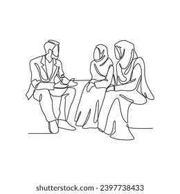 One continuous line drawing of a man is discussing with his wife and daughter in the living room vector illustration. Family activity illustration simple linear style vector design concept. 