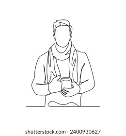 One continuous line drawing of a man wearing a wool jacket in winter vector illustration. Fashion during winter design illustration simple linear style vector concept. Winter fashion design asset.