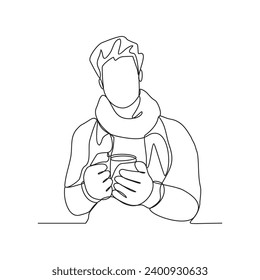 One continuous line drawing of a man wearing a wool jacket in winter vector illustration. Fashion during winter design illustration simple linear style vector concept. Winter fashion design asset.