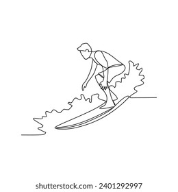 One continuous line drawing of a man is playing surfing in the sea enjoying summer vacation vector illustration. Surfing activity design illustration simple linear style vector concept.