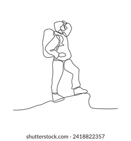 One continuous line drawing of a man is climbing a mountain carrying a carrier bag on his back vector illustration. Hiking and climbing activity illustration in simple linear style vector concept.
