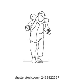 One continuous line drawing of a man is climbing a mountain carrying a carrier bag on his back vector illustration. Hiking and climbing activity illustration in simple linear style vector concept.