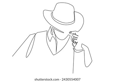 hombre en ropa premium sosteniendo sombrero.línea continua de hombre sosteniendo sombrero.línea arte misterioso hombre, en ropa premium.hombre en ropa clásica