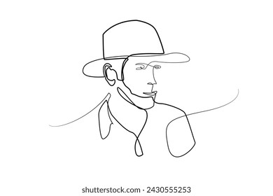 
one continuous line drawing of man in noble clothes.line art of man in hat and classic clothes.single line vector illustration.isolated white background